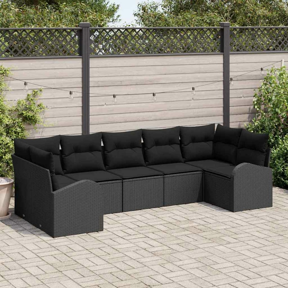 Ensemble de canapé de jardin avec coussin 7 pcs noir polyrotin