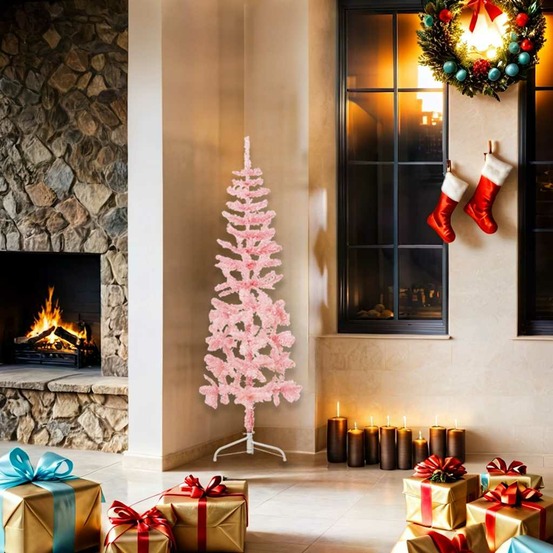 Demi sapin de noël artificiel mince avec support rose 150 cm