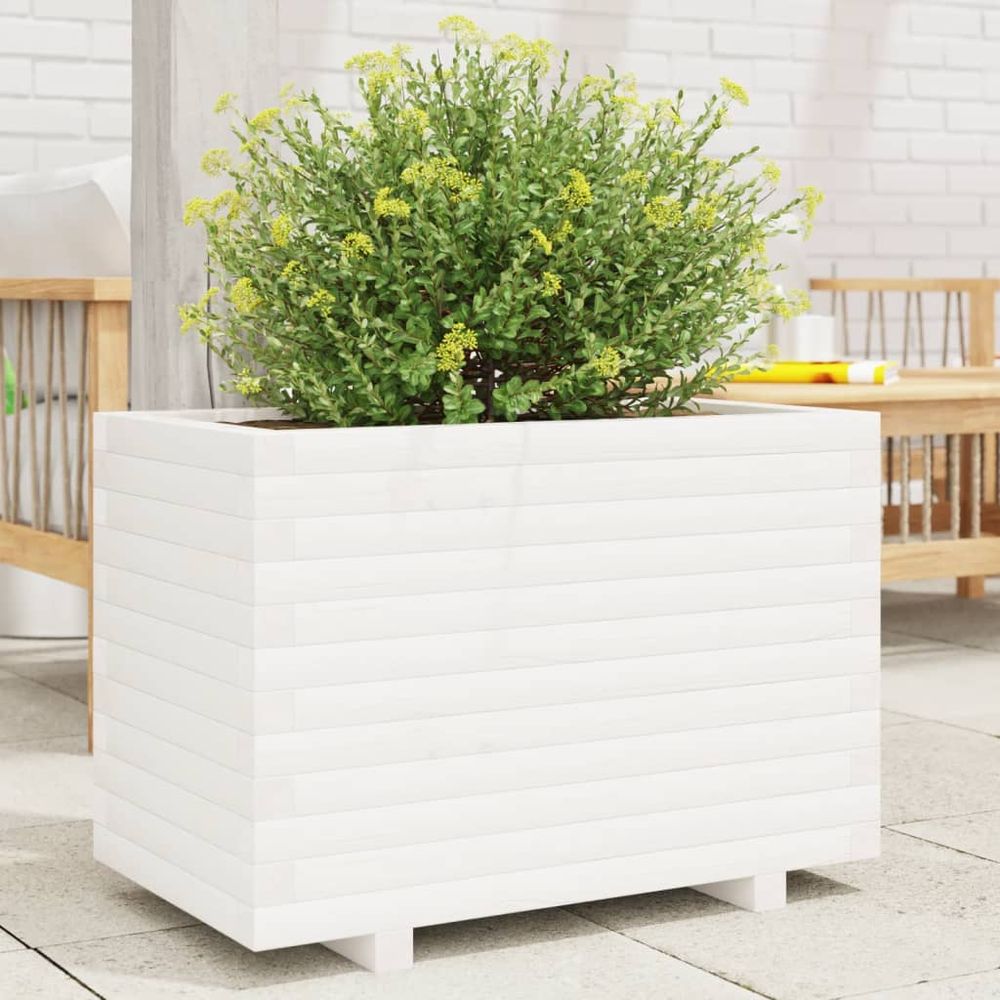 Jardinière rectangulaire bois de pin massif pour jardin balcon blanc 70cm