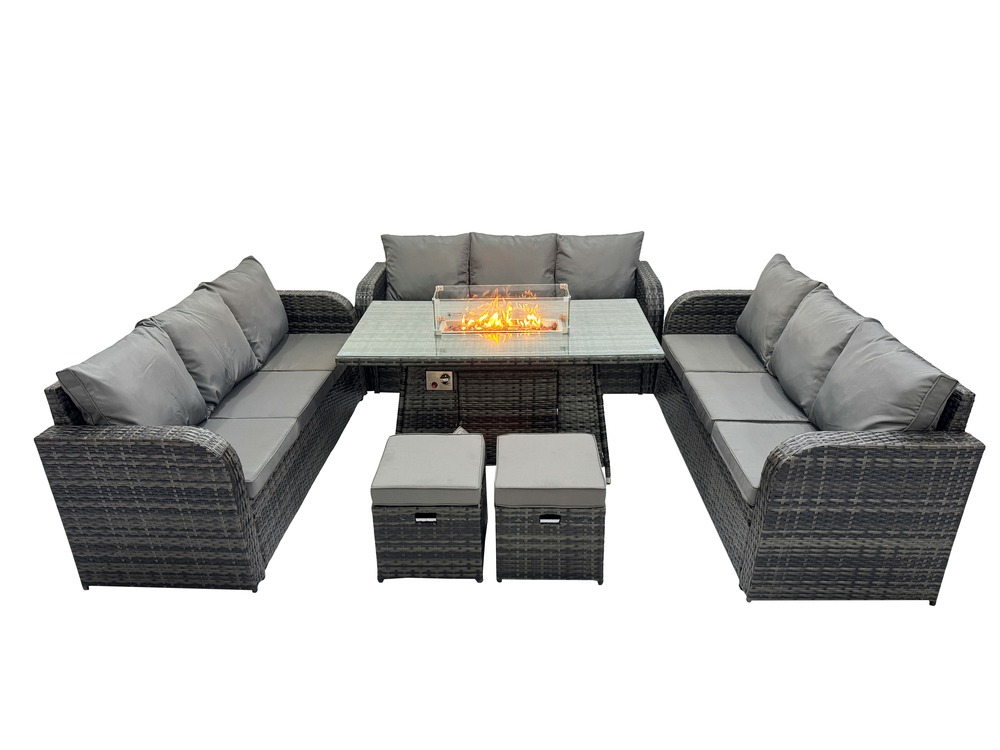 Salon de jardin en résine ensemble repas de jardin exterieur table de foyer à gaz avec canapé lounge 2 petits tabourets