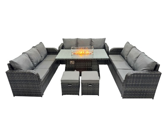 Salon de jardin en résine ensemble repas de jardin exterieur table de foyer à gaz avec canapé lounge 2 petits tabourets