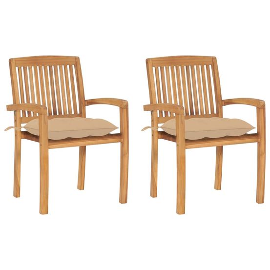Chaises de jardin lot de 2 et coussins beige bois teck massif