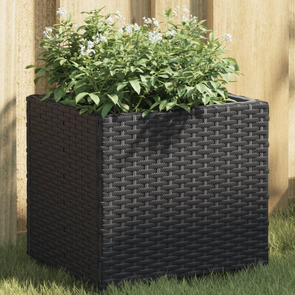 Petit pot de fleurs carré en résine tressée style contemporain avec doublure imperméable noir 36x30x32cm