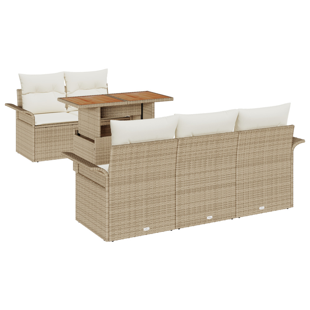 Ensemble de canapés de jardin 6 pièces avec coussins beige poly rotin acacia