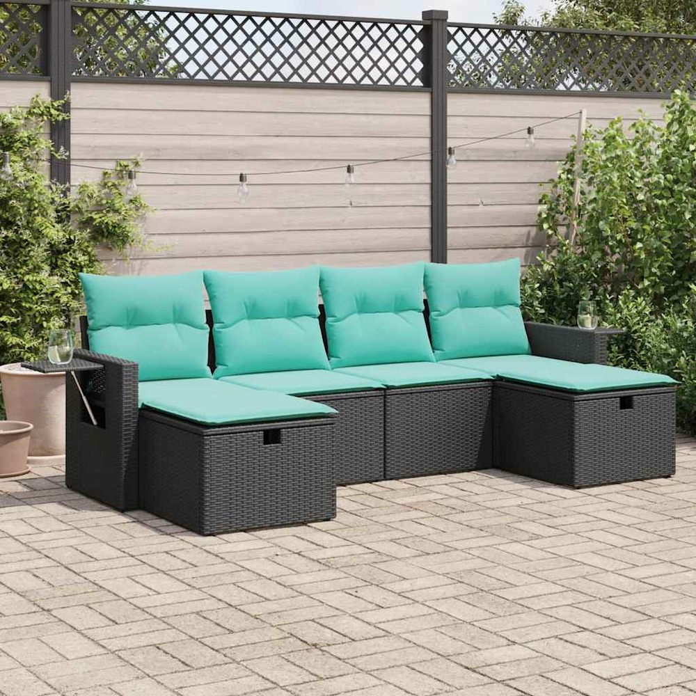 Salon de jardin 6 pcs avec coussins noir résine tressée
