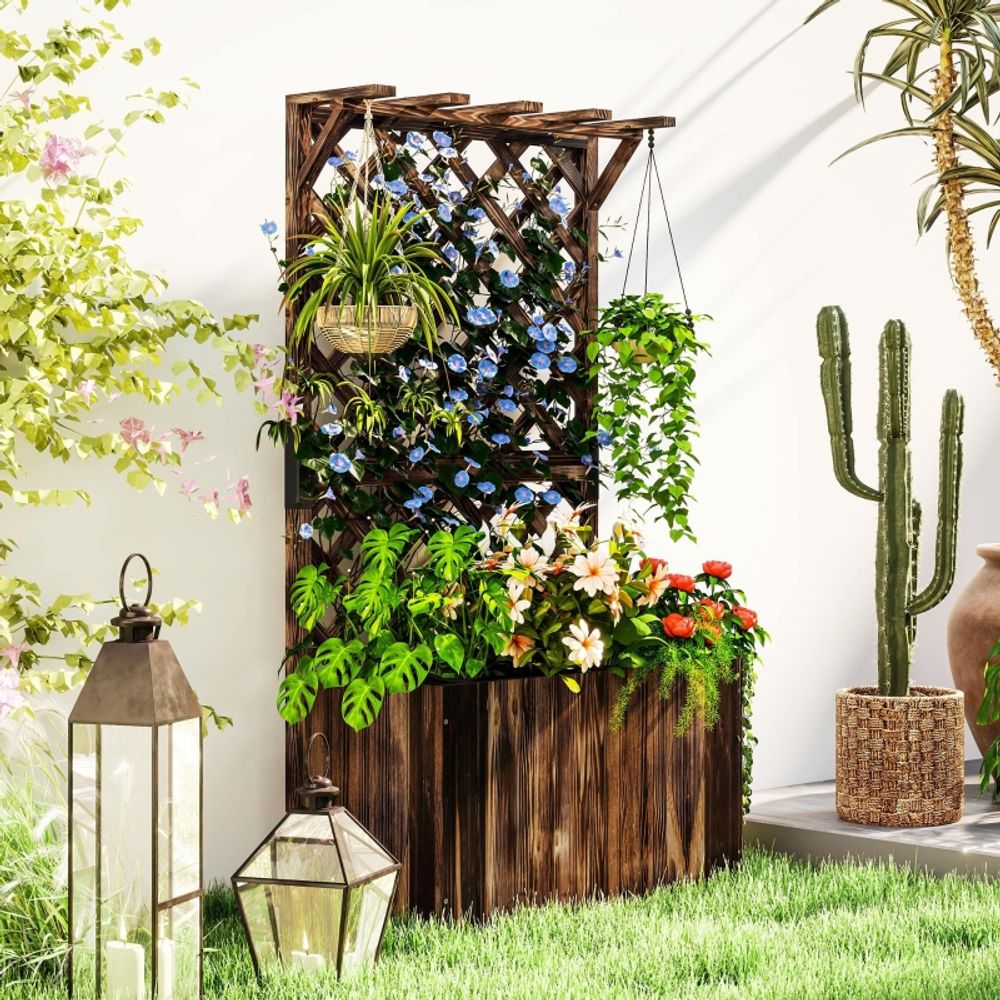 Jardinière avec treillis bois pour jardin support plantes grimpantes 64x122cm carbonisé