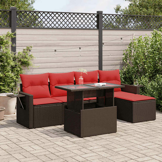 Salon de jardin avec coussins 6 pcs marron résine tressée acacia