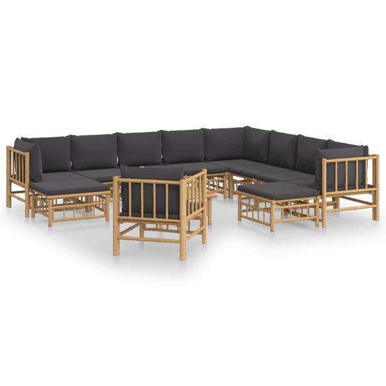 Salon de jardin 12 pcs avec coussins gris foncé bambou