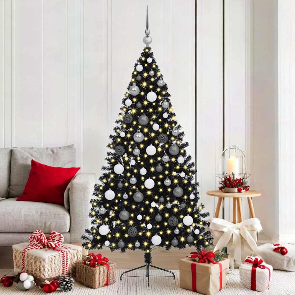 Sapin conique artificiel noir 180 cm, kit de fête avec éclairage 300 led et 120 boules