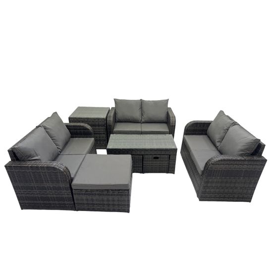Ensemble de meubles de jardin en polyrotin 8 pièces avec table basse rectangulaire canapé à deux places 3 tabourets table d'appoint