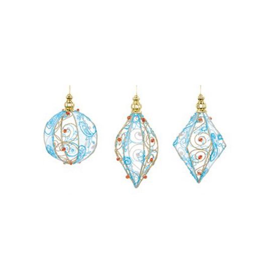 Lot de 3 boules de noël en métal bleu et rouge