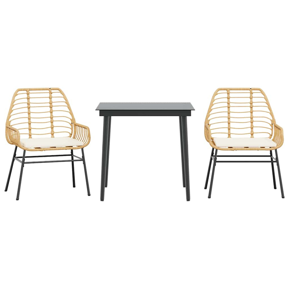 Ensemble à manger jardin coussins 3pcs marron poly rotin verre