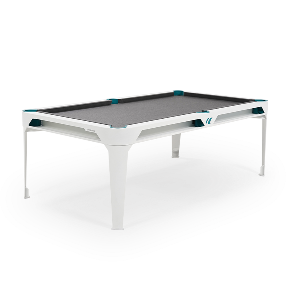 Billard d'extérieur convertible hyphen outdoor blanc / tapis gris clair / réceptacles : bleu d'eau