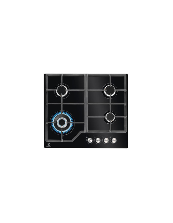Dessus verre-4 f gaz dt 1 multicouronne 3,9 kw-all 1 main-steppower-grilles fonte-cdes front.-noir - electrolux