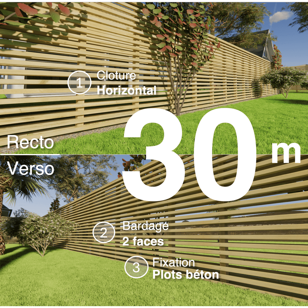 Kit clôture bois moderne 30m – h 1,9m – 45 x 45 mm autoclave – pose horizontal – double face – à sceller