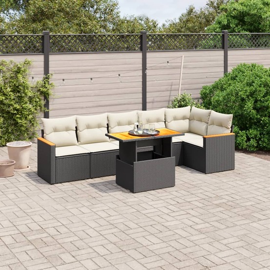Salon de jardin 7 pcs avec coussins noir résine tressée