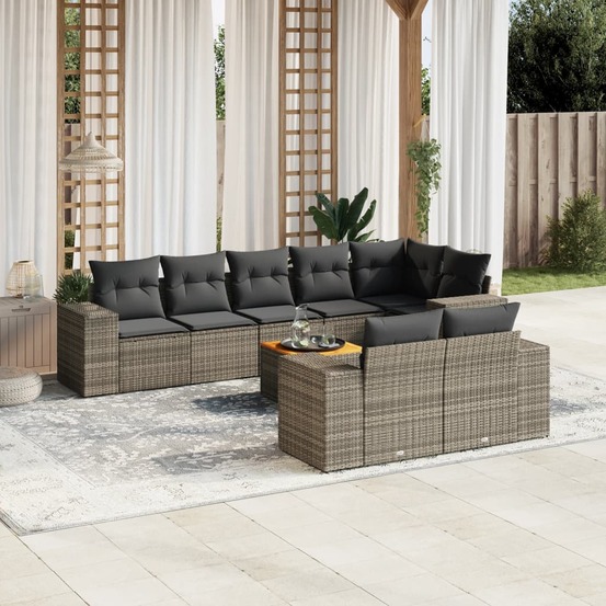 Salon de jardin 9 pcs avec coussins gris résine tressée
