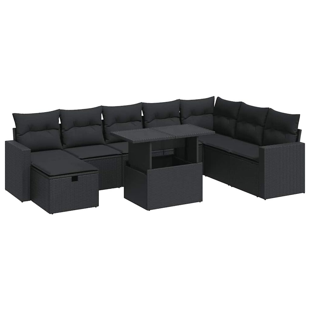 Salon de jardin 9 pcs avec coussins noir résine tressée
