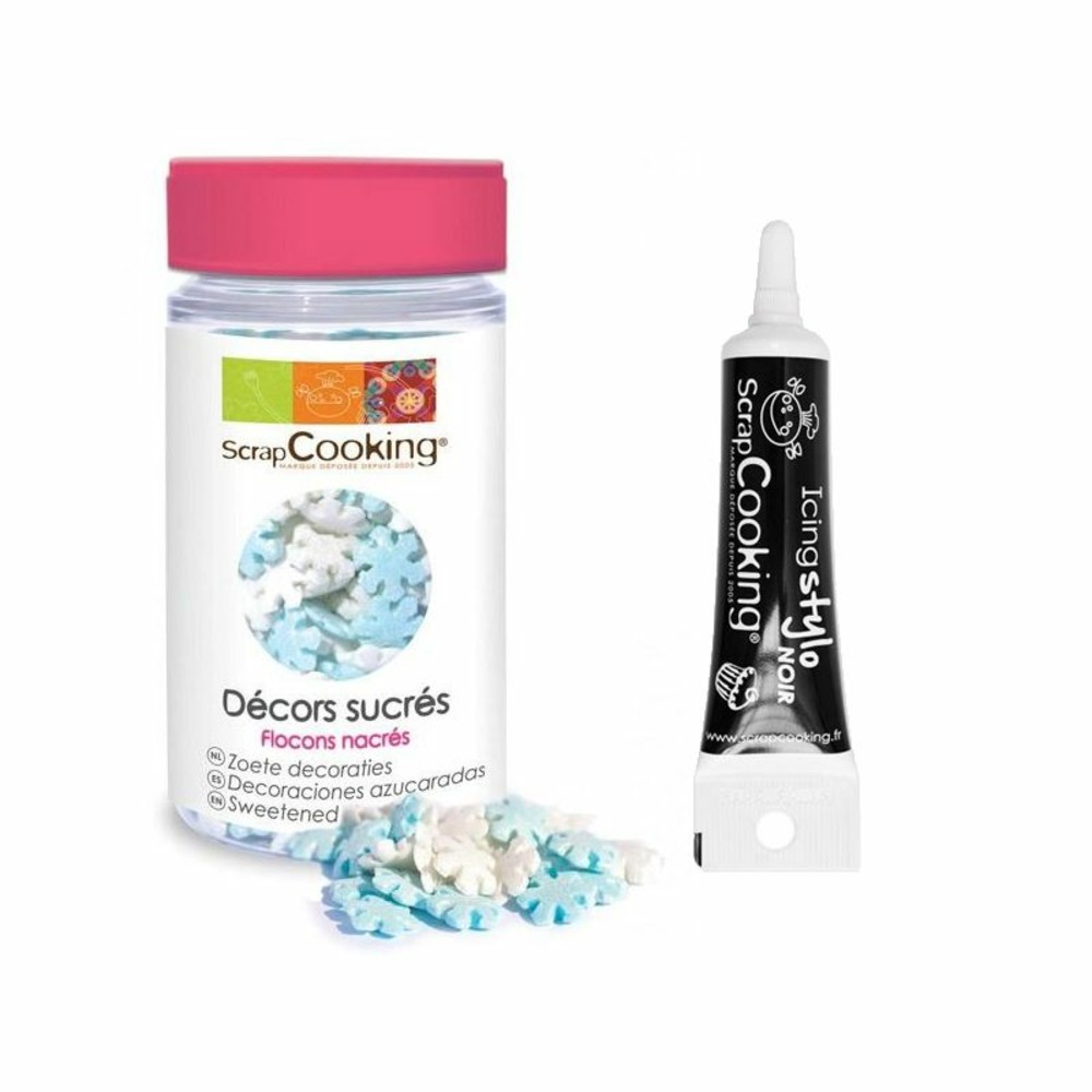 Décors sucrés flocons nacrés 50 g + stylo de glaçage noir