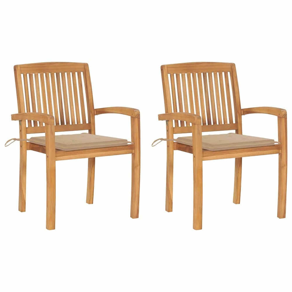 Chaises de jardin lot de 2 et coussins beige bois teck massif