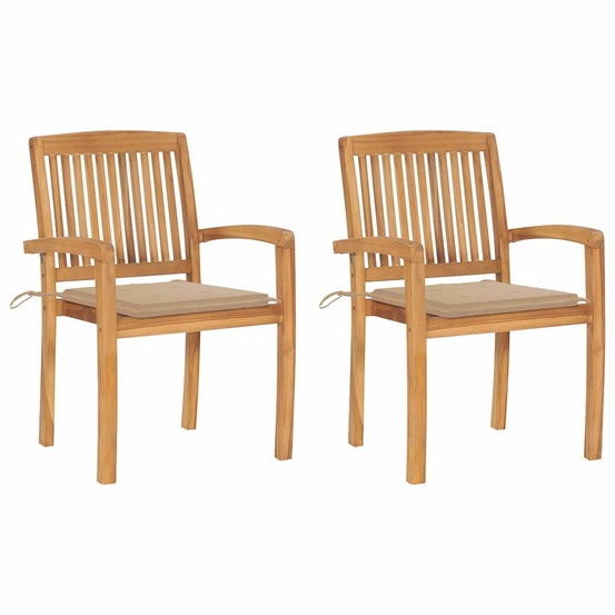 Chaises de jardin lot de 2 et coussins beige bois teck massif