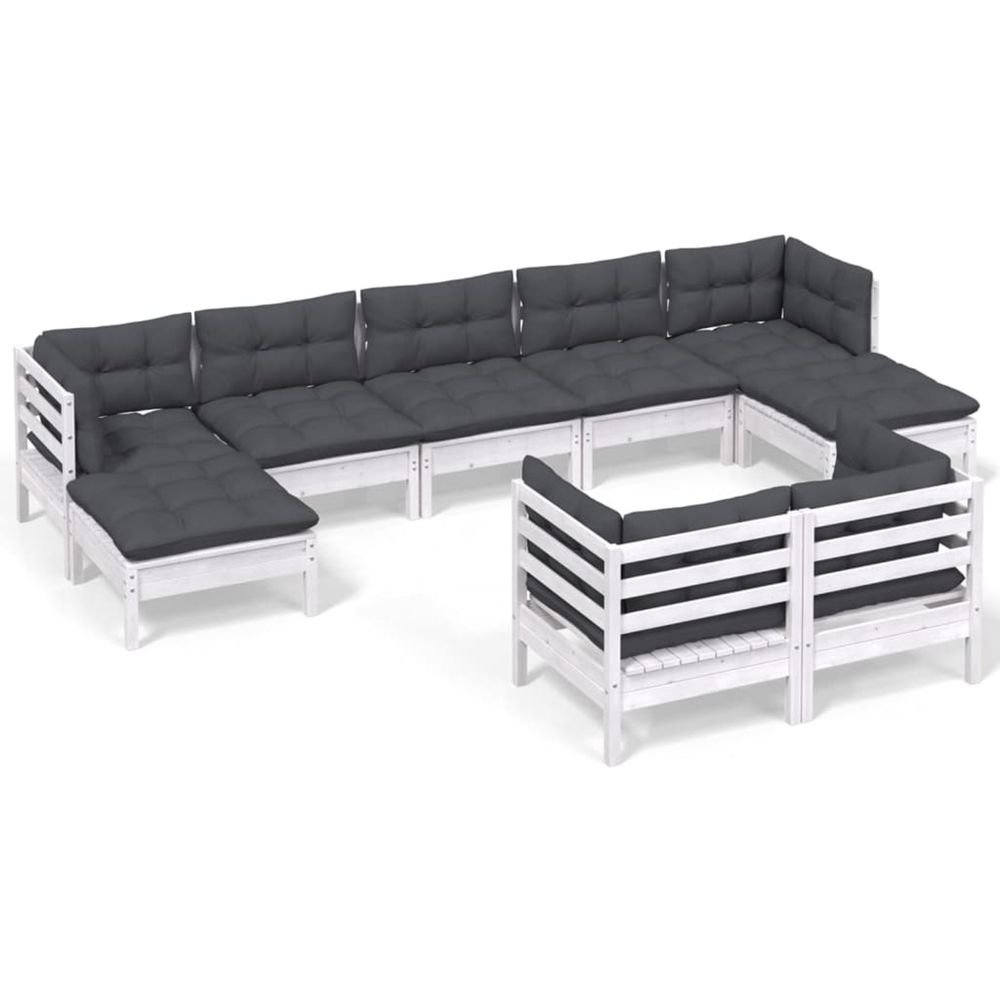 Salon de jardin 9 pcs avec coussins blanc bois de pin massif