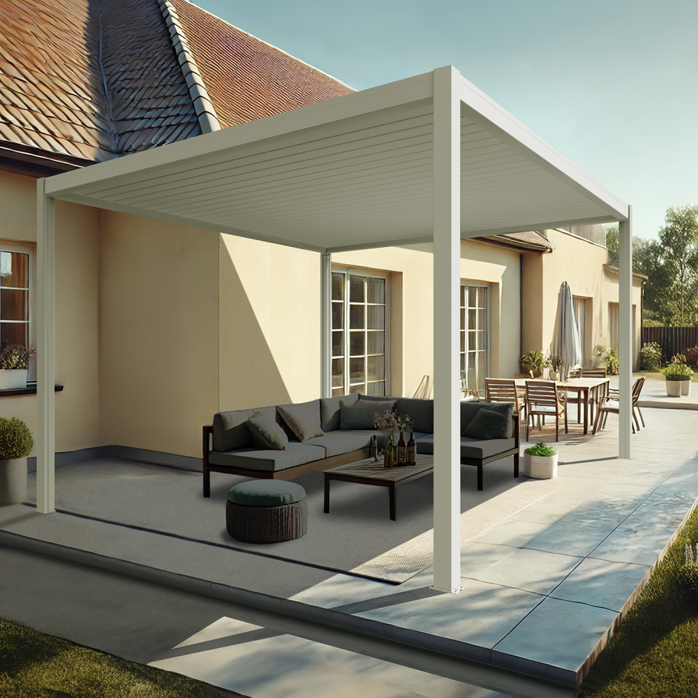 Pergola bioclimatique xenon îlot (vérin à télécommande - blanc - 4,00 x 4,111m)