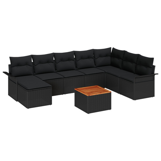 Ensemble de canapé de jardin 9 pièces avec coussins noir rattan poly acacia