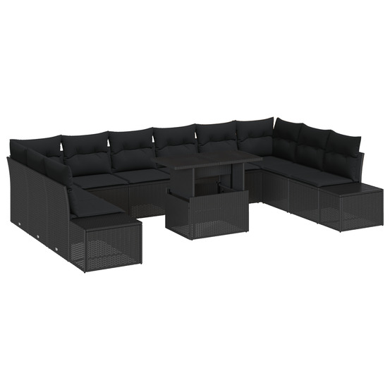 Ensemble de canapé de jardin de 11 pièces avec coussins en poly rotin noir