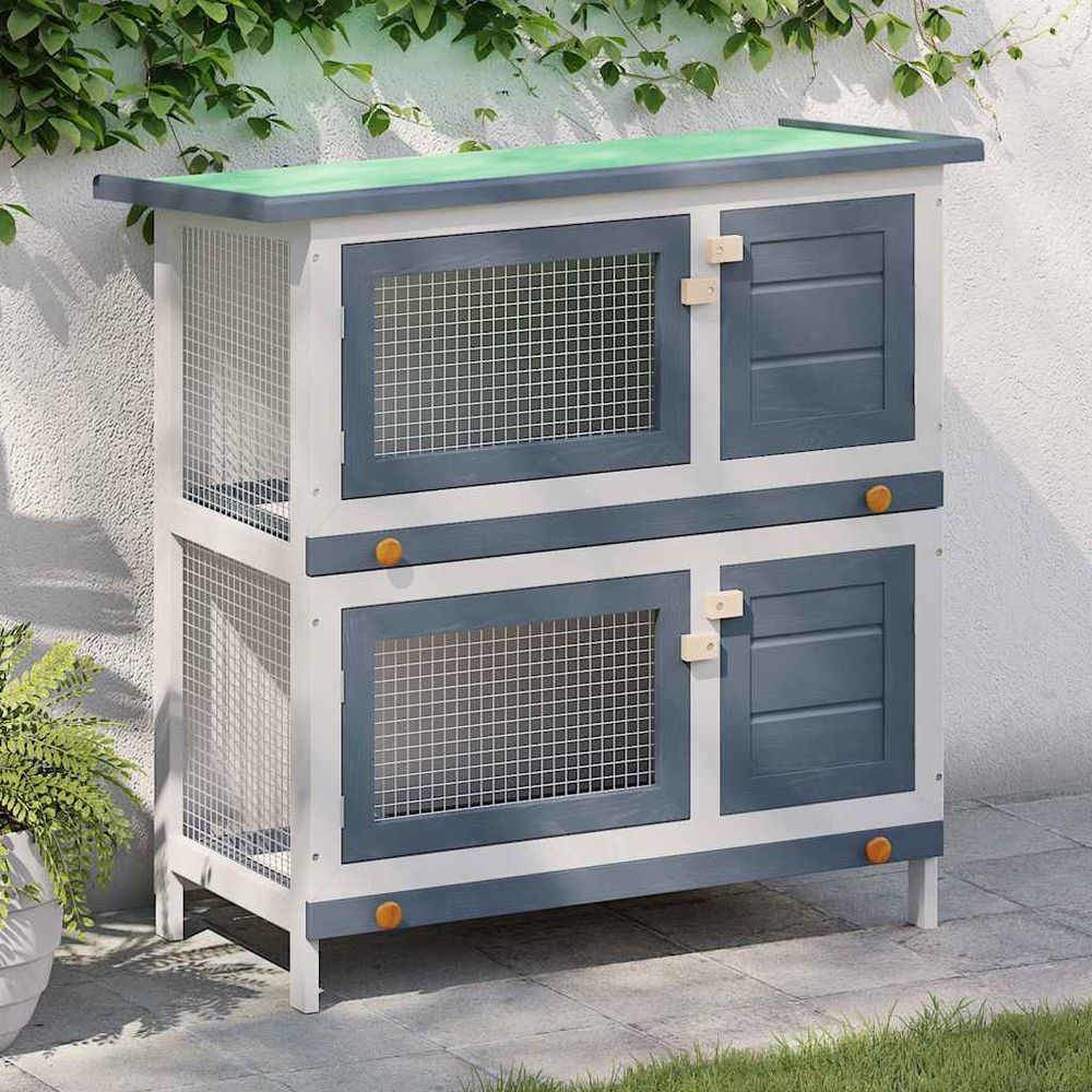 Clapier à lapin 2 étages en bois avec 4 portes pour jardin gris