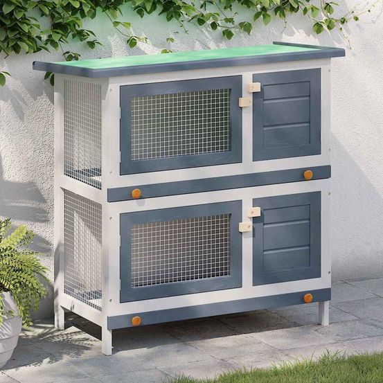 Clapier à lapin 2 étages en bois avec 4 portes pour jardin gris