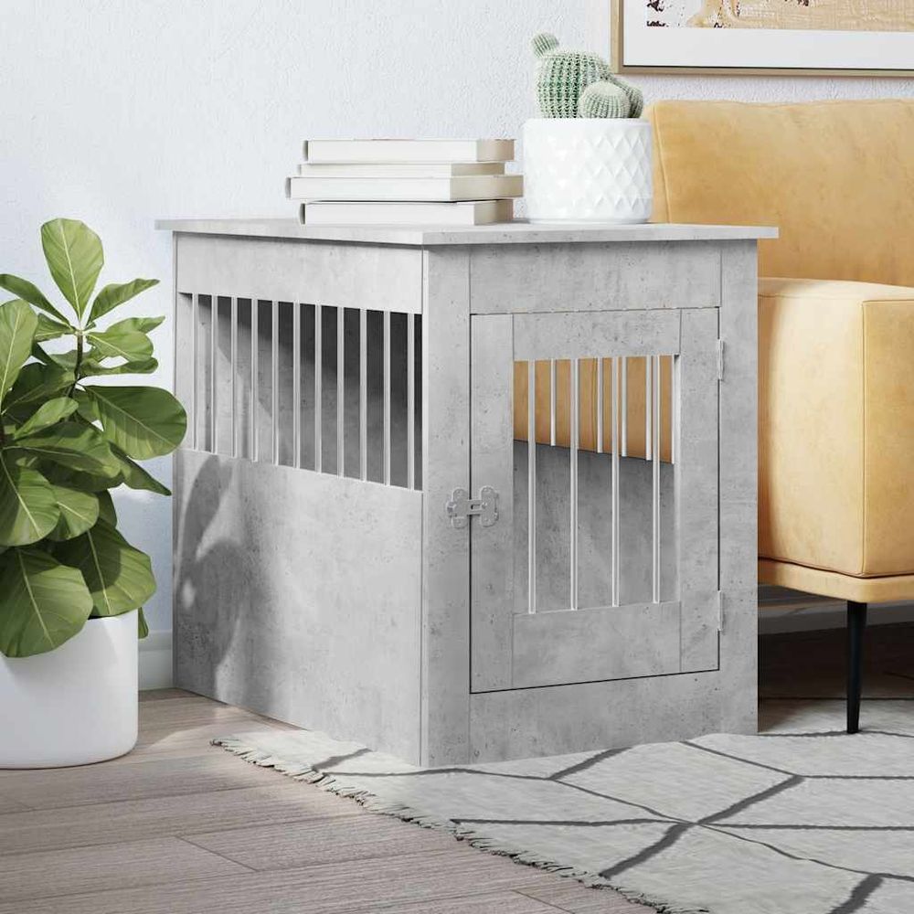 Niche d'intérieur design pour chien et table d'appoint 2-en-1, meuble cage bois gris béton