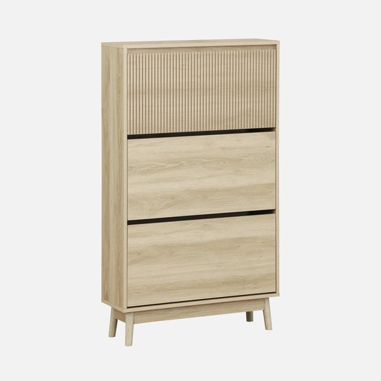 Meuble à chaussures scandinave décor bois 3 portes abattantes capacité 18 paires de chaussures