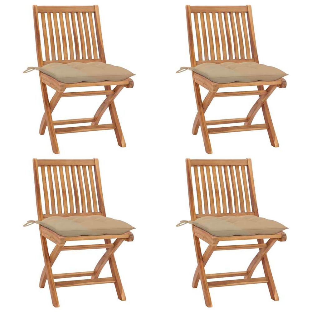 Chaises pliantes avec coussins, 4 pièces, en teck massif