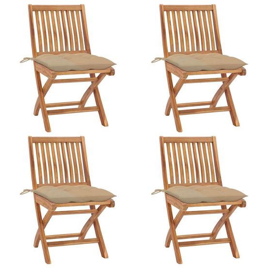 Chaises pliantes avec coussins, 4 pièces, en teck massif