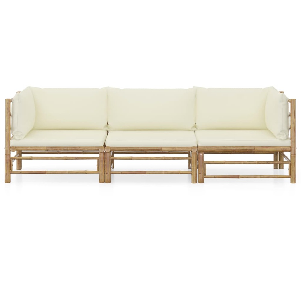 Salon de jardin 3 pcs avec coussins blanc crème bambou
