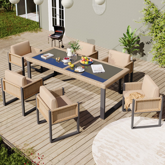 Salle à manger polyrotin 6 pers: fauteuils, housses tissu amovibles lavables marron