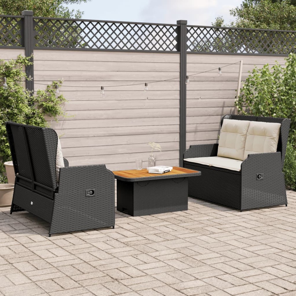 Salon de jardin 3 pcs avec coussins noir résine tressée