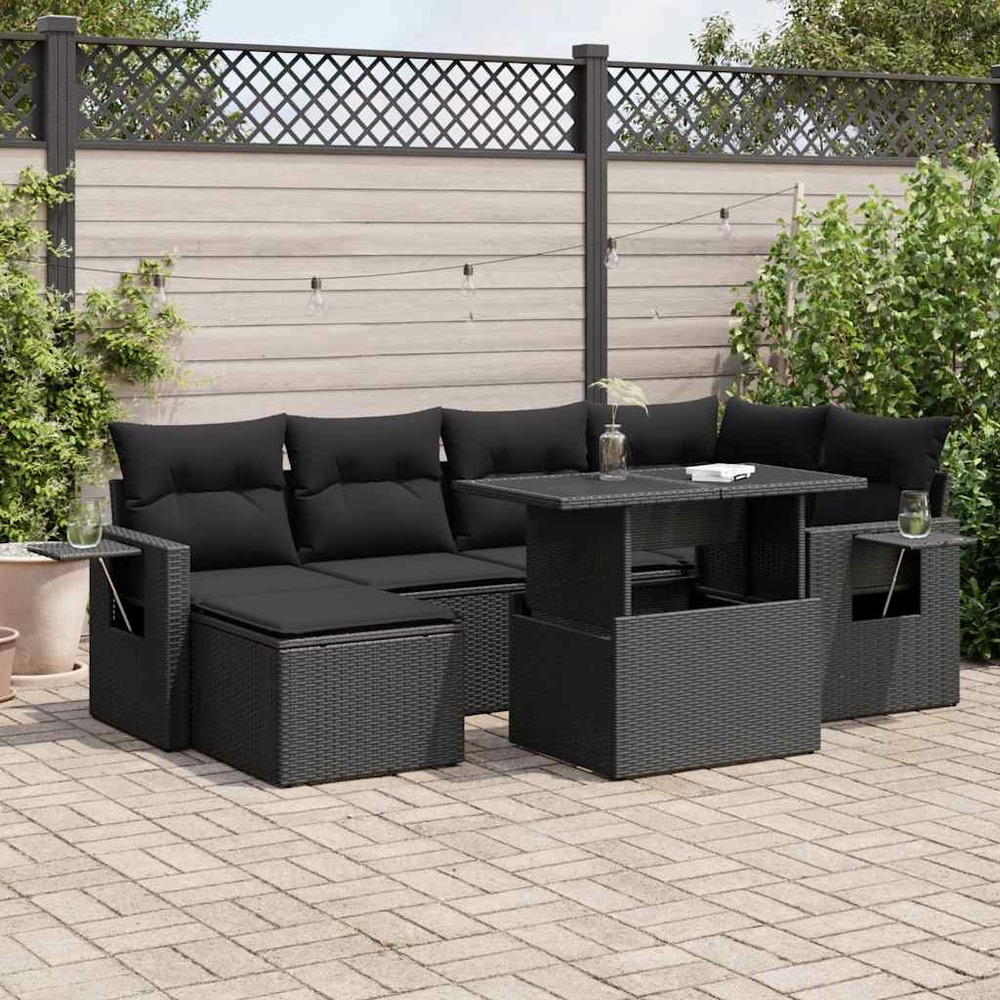 Salon de jardin 7 pcs avec coussins noir résine tressée