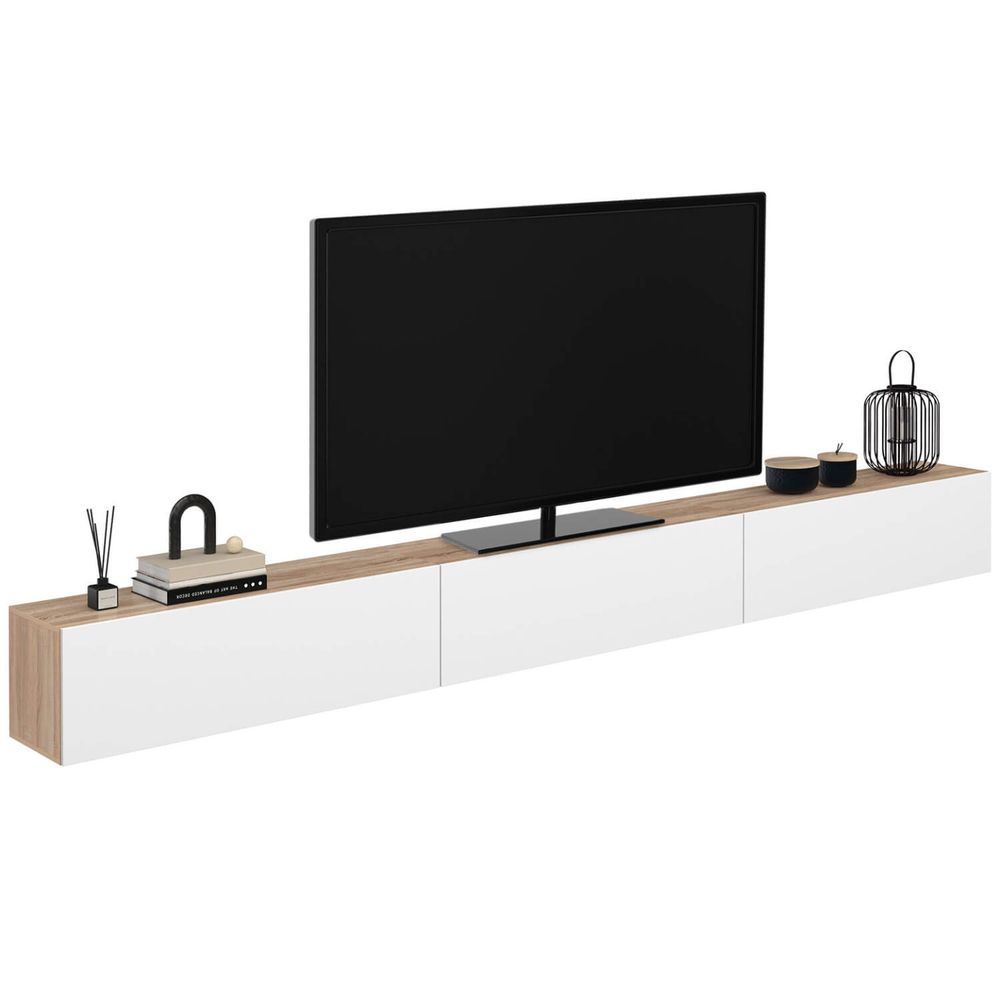 Meuble tv 300 cm suspendu elio 3 portes bois et blanc
