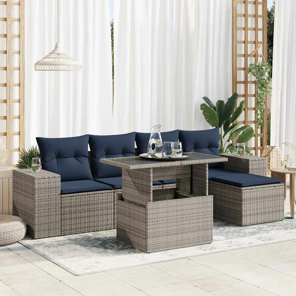 Salon de jardin avec coussins 6 pcs gris résine tressée acacia