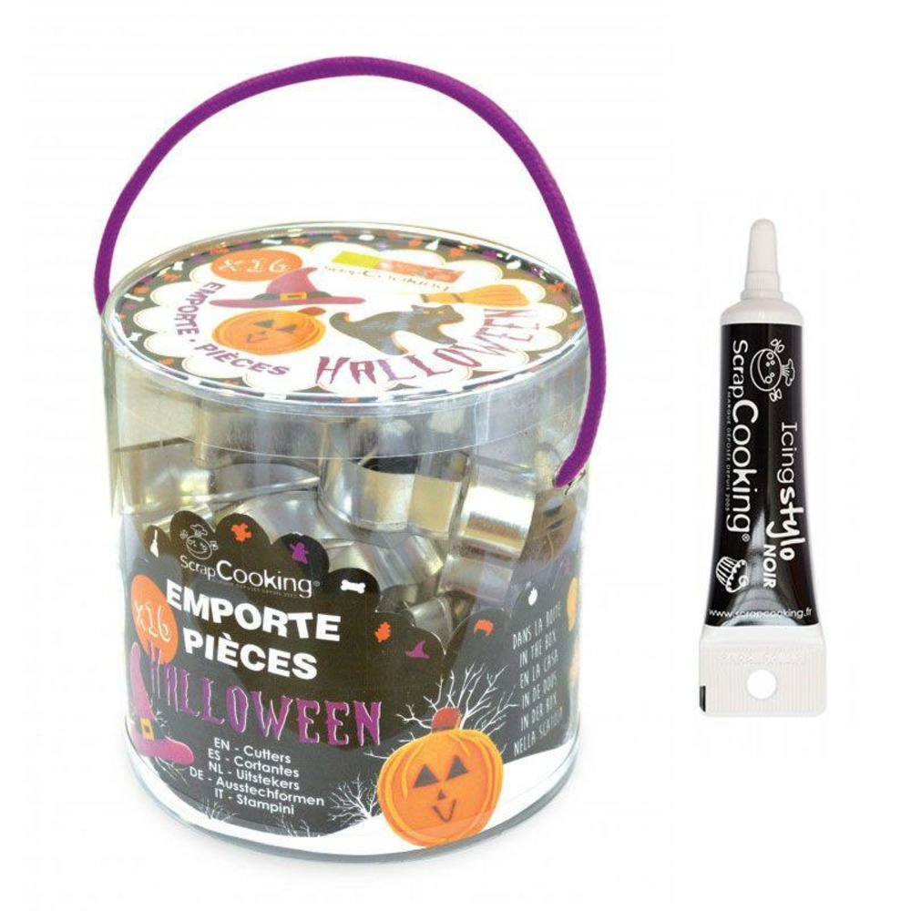 Seau 16 emporte-pièces à pâtisserie halloween + stylo alimentaire noir