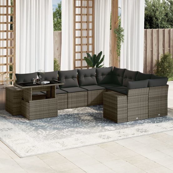 Salon de jardin avec coussins 10 pcs gris résine tressée