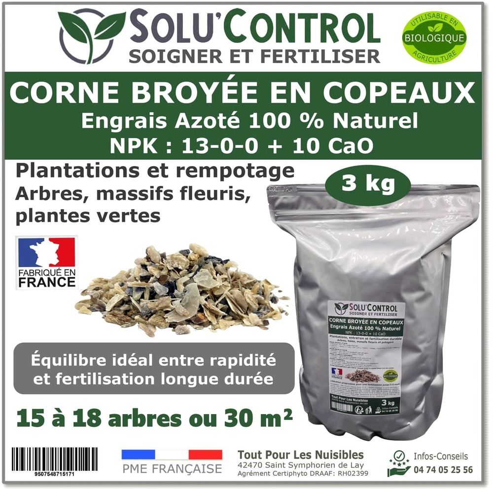 3 kg de corne broyée en copeaux solucontrol - engrais azoté 100 % naturel - fertilisation équilibrée pour arbustes, haies, massifs