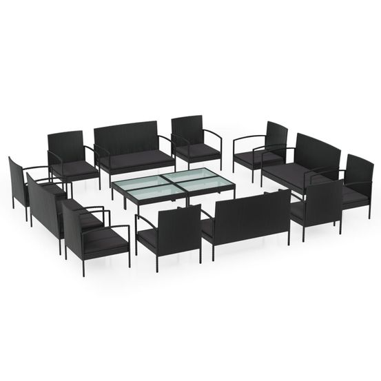Salon de jardin 16 pcs avec coussins résine tressée noir