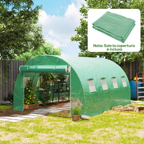 Bâche de serre pe 140 g/m² 400 x 300 x 200 cm verte 8 fenêtres porte enroulable - comfortxl outdoor living