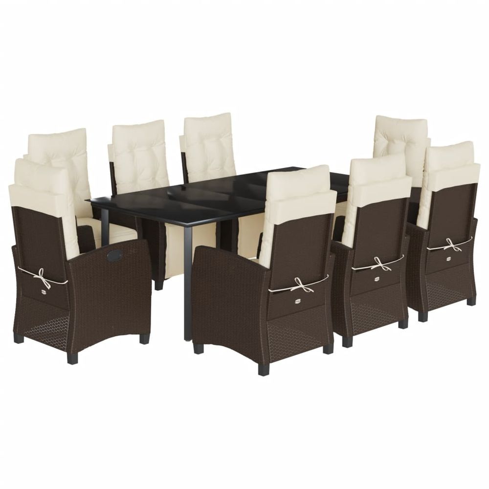 Ensemble à manger de jardin et coussins 9 pcs marron poly rotin