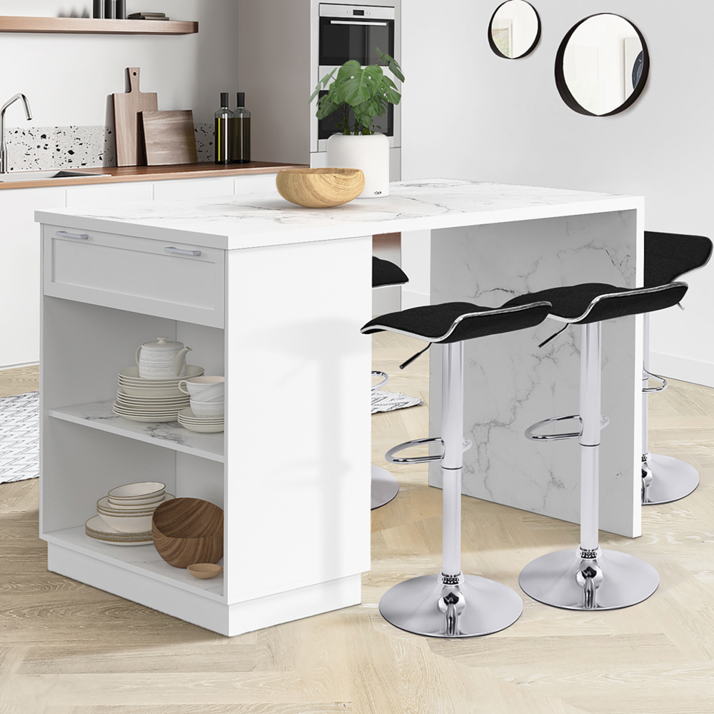 Ilot central mange-debout 4 personnes vito 130 cm blanc et plateau marbre alaska