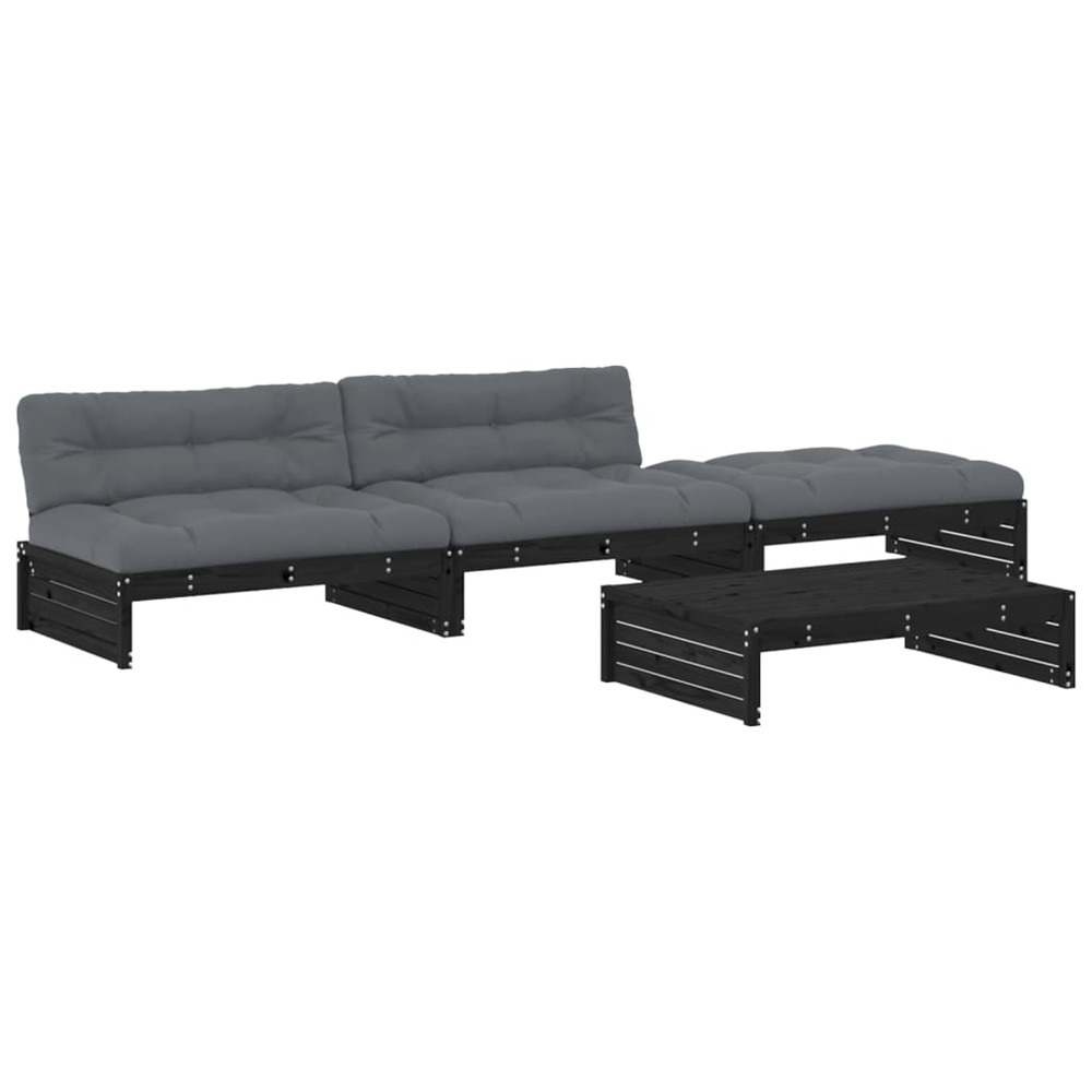 Salon de jardin 4 pcs avec coussins noir bois massif