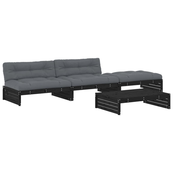 Salon de jardin 4 pcs avec coussins noir bois massif